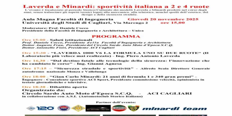 A Cagliari, giovedì 20 novembre, l’Automobile Club Cagliari e il Circolo S.C.Q. organizzano il convegno “Laverda e Minardi: sportività italiana a 2 e 4 ruote”