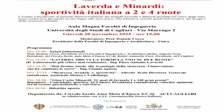 A Cagliari, il convegno “Laverda e Minardi: sportività italiana a 2 e 4 ruote”: giovedì 20 novembre alle 15 nell’Aula Magna della Facoltà di Ingegneria. Organizzano l’Automobile Club Cagliari e il Circolo S.C.Q.